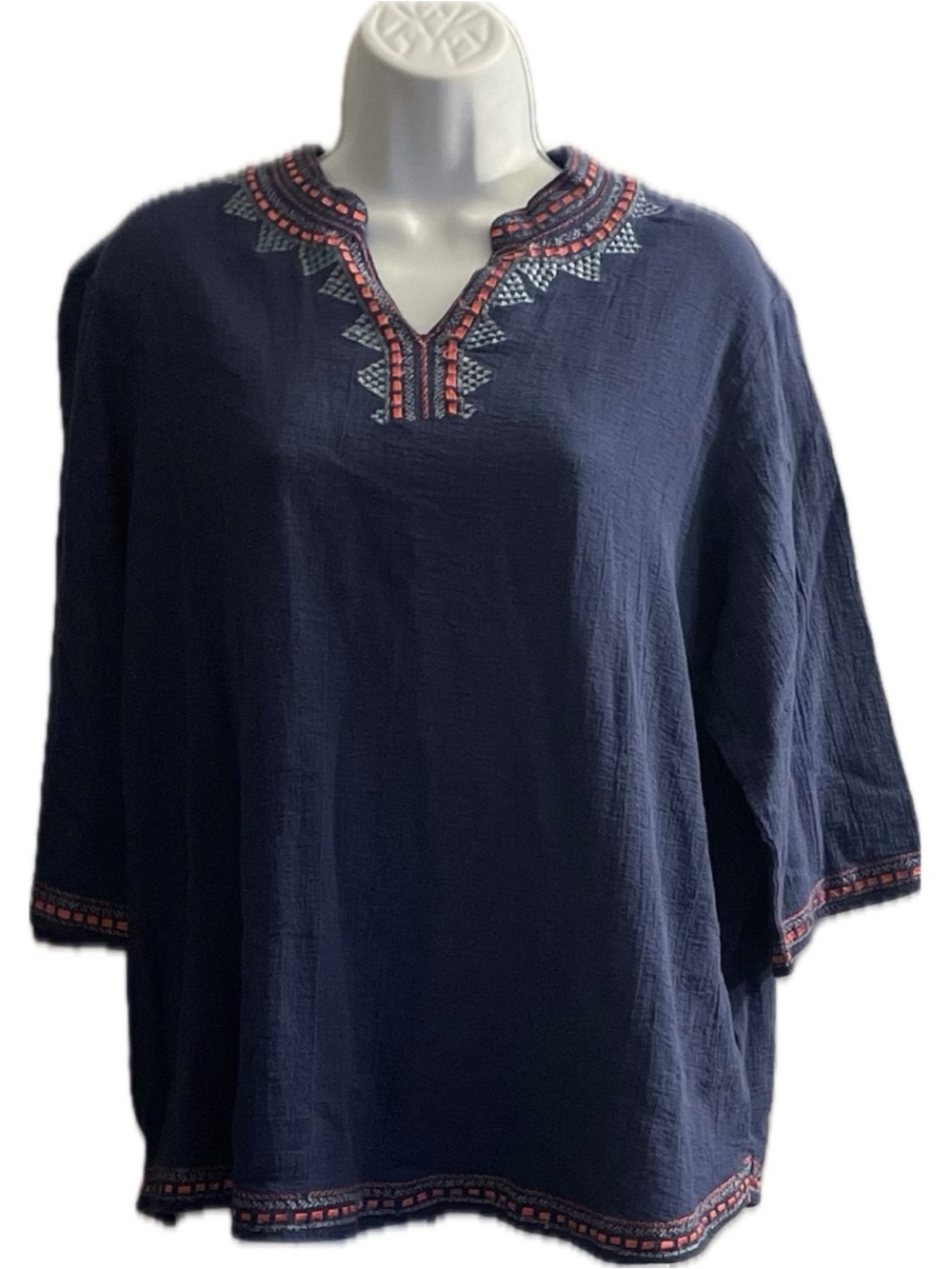 Blair Navy Tunic with Coral & Light Blue Embroidery